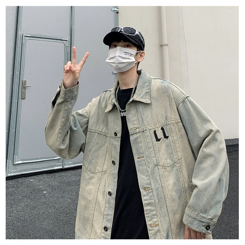 Áo khoác denim nam from rộng thêu chữ thập retro, áo bò unisex mầu úa vàng hiphop phong cách 9694