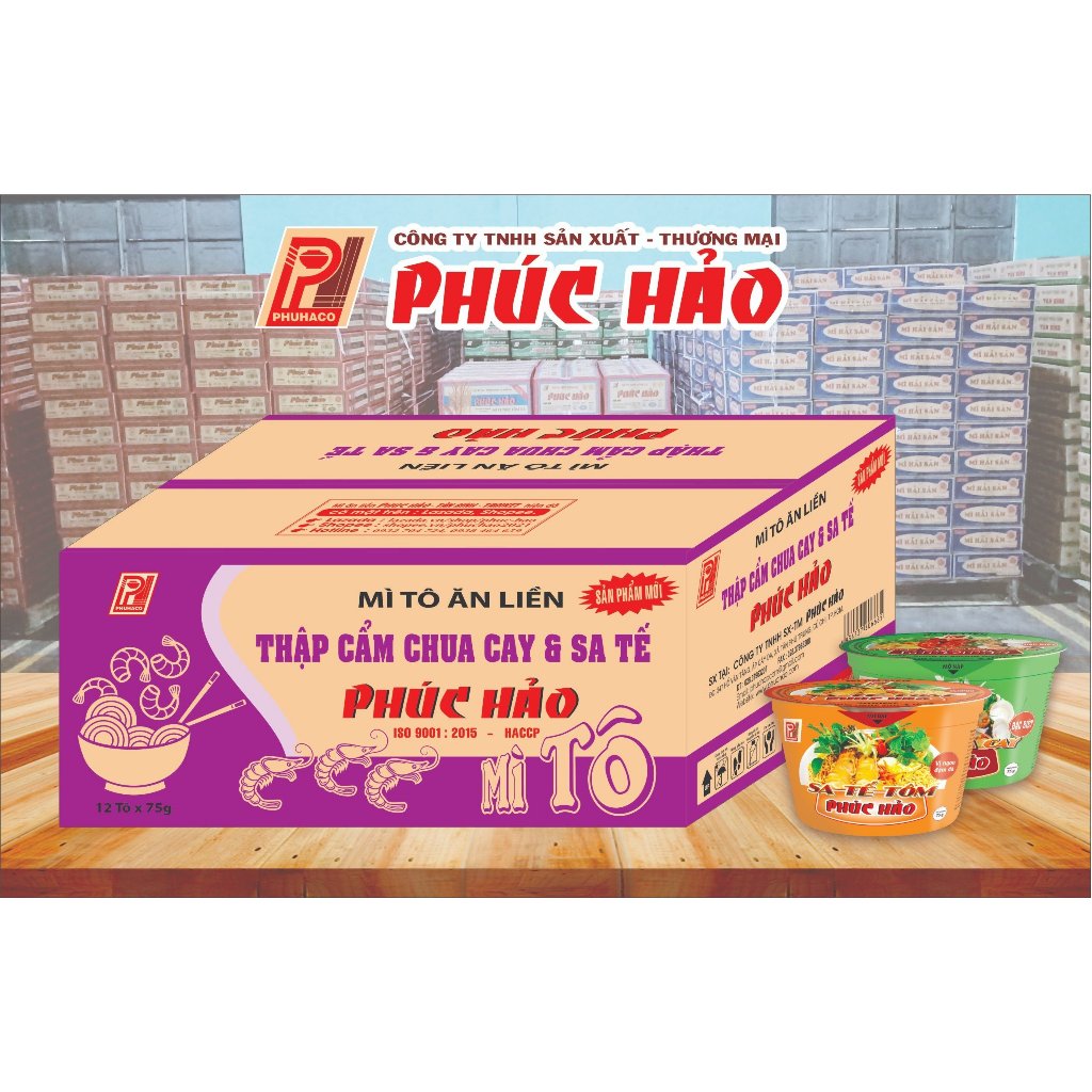 Mì Tô Thập Cẩm (Chua Cay & Sa tế ) Phúc Hảo -75gr-12 Tô- Mùi vị thật thơm ngon, hấp dẫn.