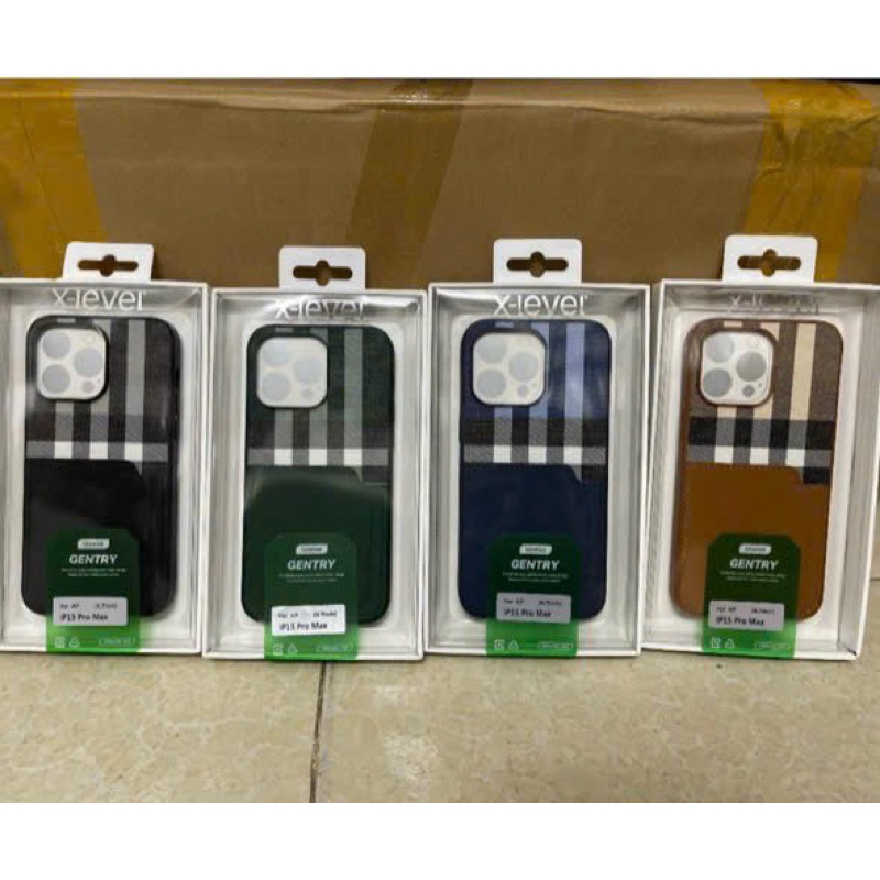 Ốp da X-Level Gentry ví lưng cài thẻ hoạ tiết Buberry Iphone 15 pro/ip15 pro max