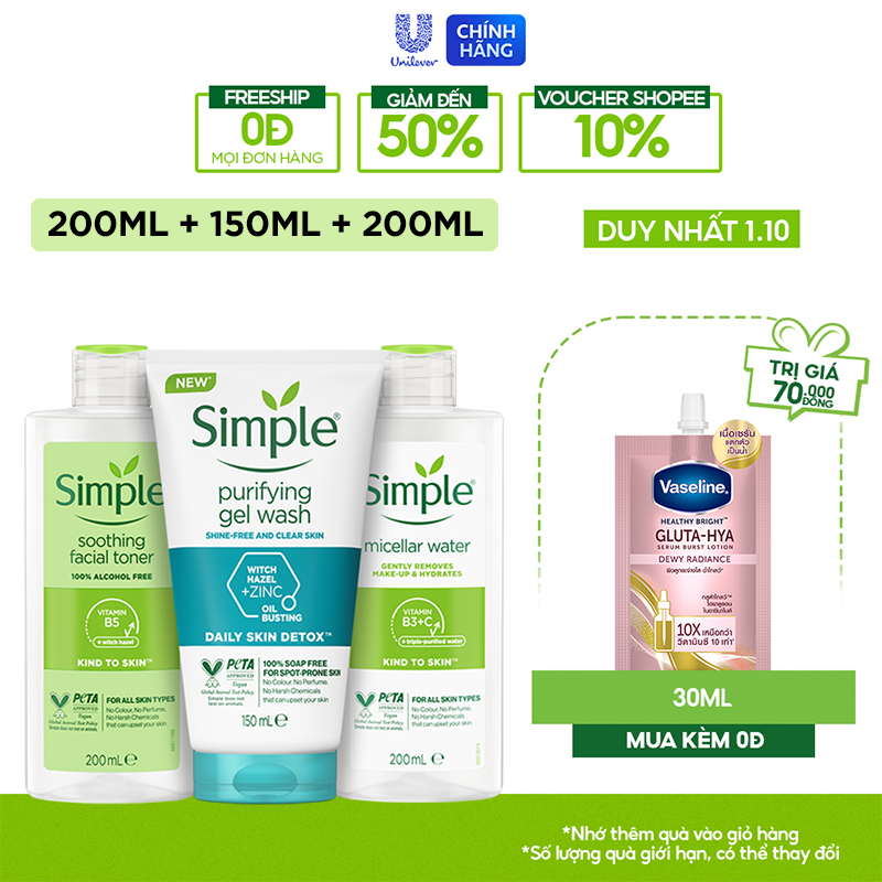 Combo Simple Tẩy trang Micellar 200ml + Sữa rửa mặt 150ml + Nước hoa hồng 200ml ngừa mụn hiệu quả [CHÍNH HÃNG ĐỘC QUYỀN] | BigBuy360 - bigbuy360.vn