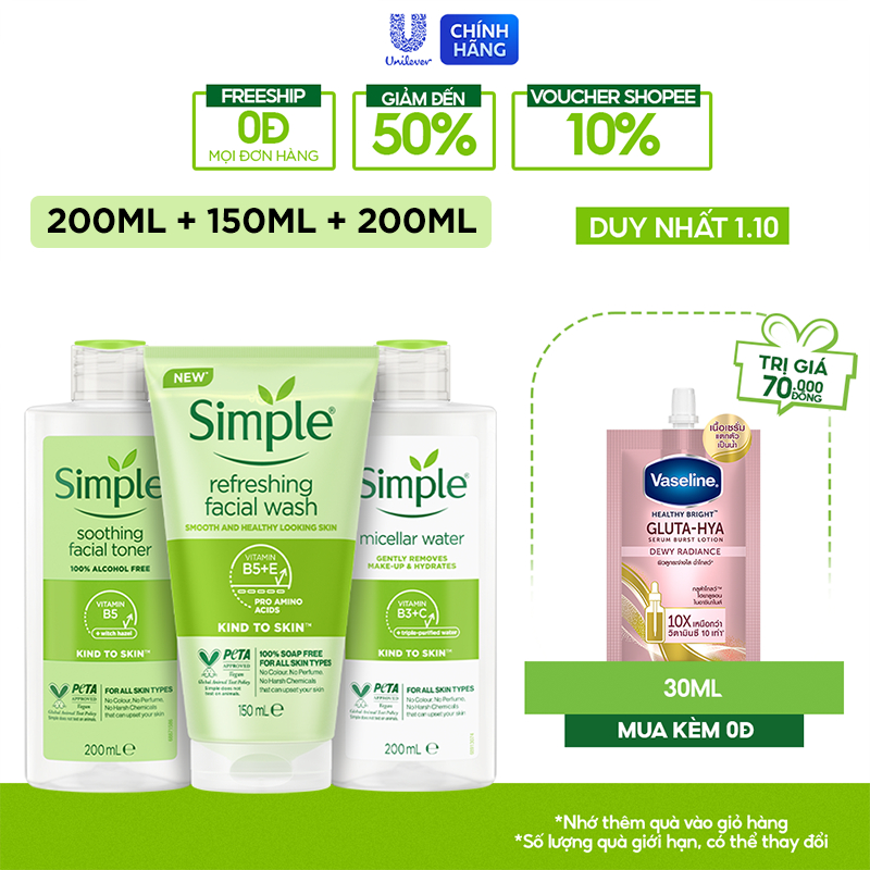 Combo Simple Tẩy trang 200ml + Sữa rửa mặt 150ml + Nước hoa hồng 200ml cho da sạch khỏe đàn hồi [CHÍNH HÃNG ĐỘC QUYỀN]