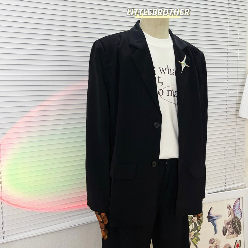 Áo khoác blazer Littlebrother 2 lớp from rộng độn vai tay dài tặng kèm phụ kiện ngôi sao