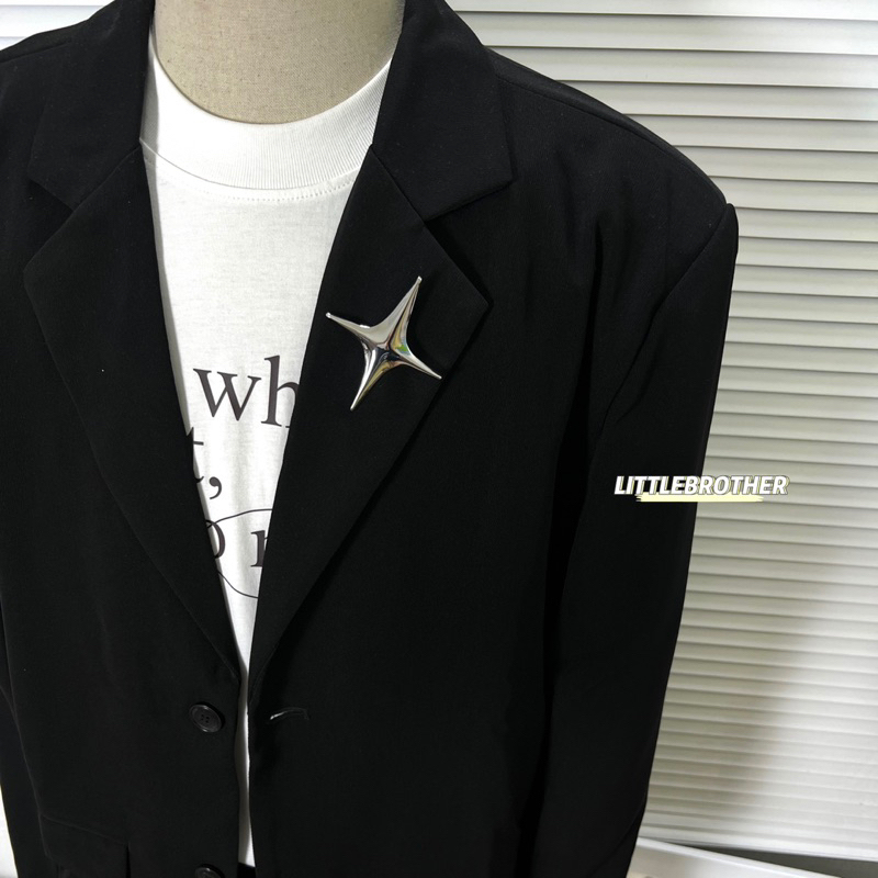 Áo khoác blazer Littlebrother 2 lớp from rộng độn vai tay dài tặng kèm phụ kiện ngôi sao