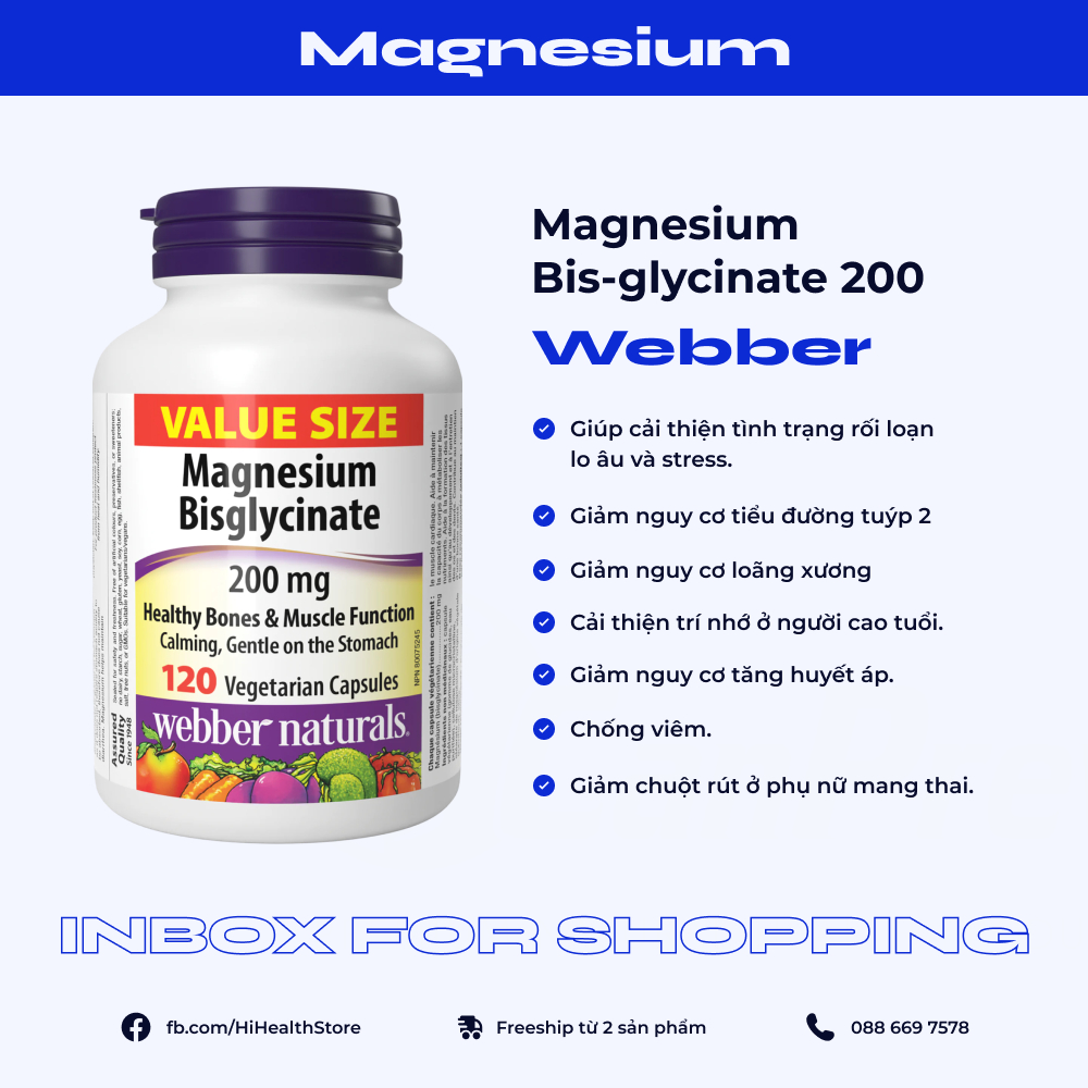 Webber Magnesium Bisglycinate Canada bổ sung magie giảm stress, giảm căng thẳng âu lo 120 Viên