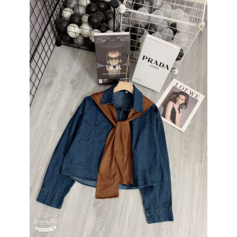 Áo sơ mi bò kèm khăn quàng len hàng quảng châu chất liệu denim phong cách nhẹ nhàng dễ thương