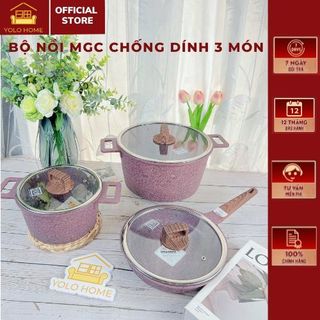 Nồi chảo chống dính mgc, bảo hành 12 tháng, bộ 3 món, chống dính 5 lớp đá granite, đun mọi loại bếp