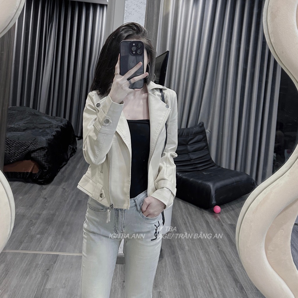 Áo khoác da VIZAKEY cao cấp phong cách hàn quốc dáng ngắn form body kem 7801