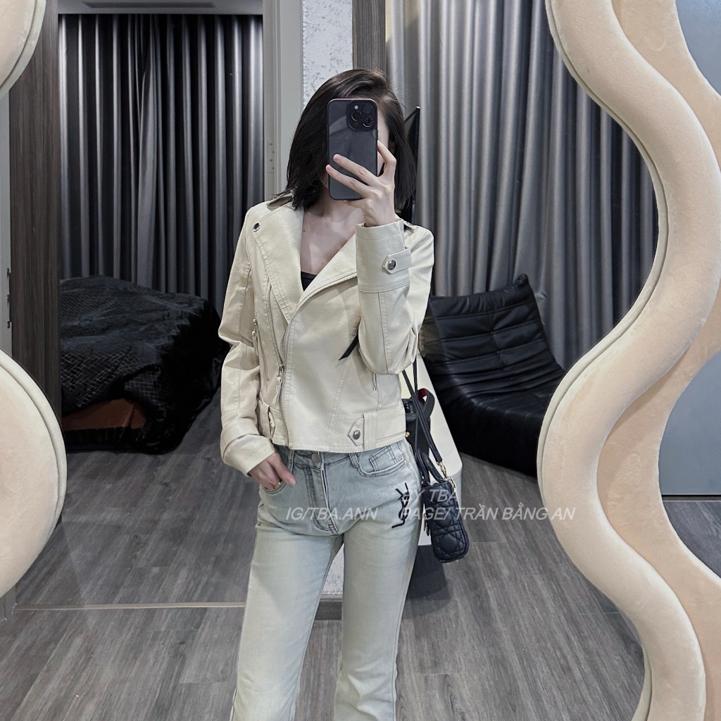 Áo khoác da VIZAKEY cao cấp phong cách hàn quốc dáng ngắn form body kem 7801