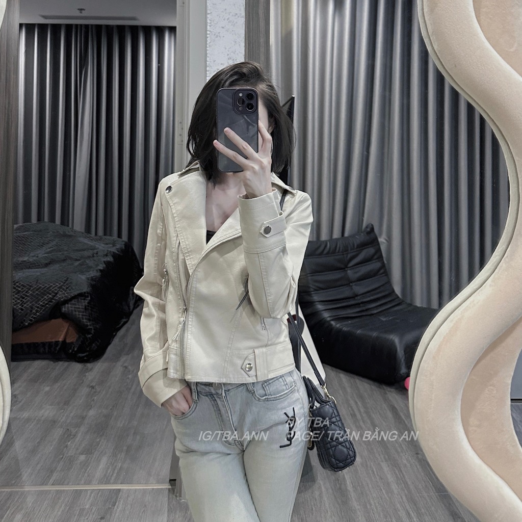Áo khoác da VIZAKEY cao cấp phong cách hàn quốc dáng ngắn form body kem 7801
