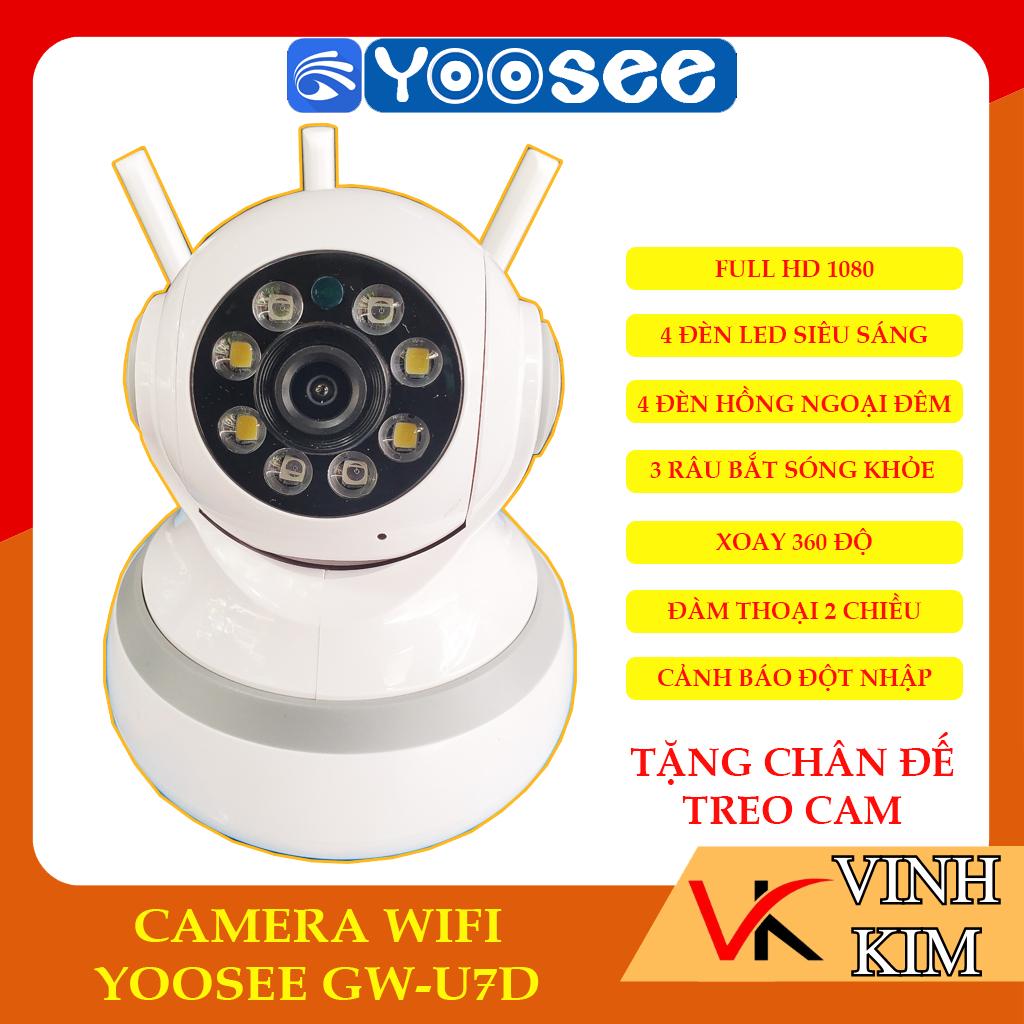 Camera wifi YOOSEE GW-U7D, có màu đêm, tặng chân đế, xoay 360 độ, Full HD, cảnh báo đột nhập