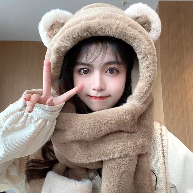 Khăn bông kèm mũ tai gấu hàng quảng, Thiết kế dễ thương và ấm áp, Găng tay khăn len 3 trong 1 chất lượng cao