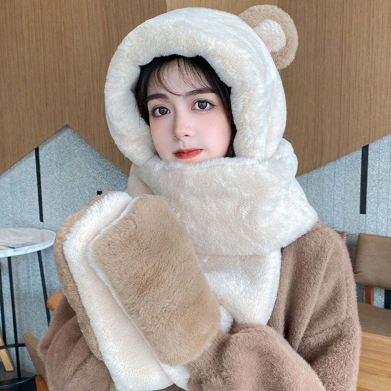 Khăn bông kèm mũ tai gấu hàng quảng, Thiết kế dễ thương và ấm áp, Găng tay khăn len 3 trong 1 chất lượng cao