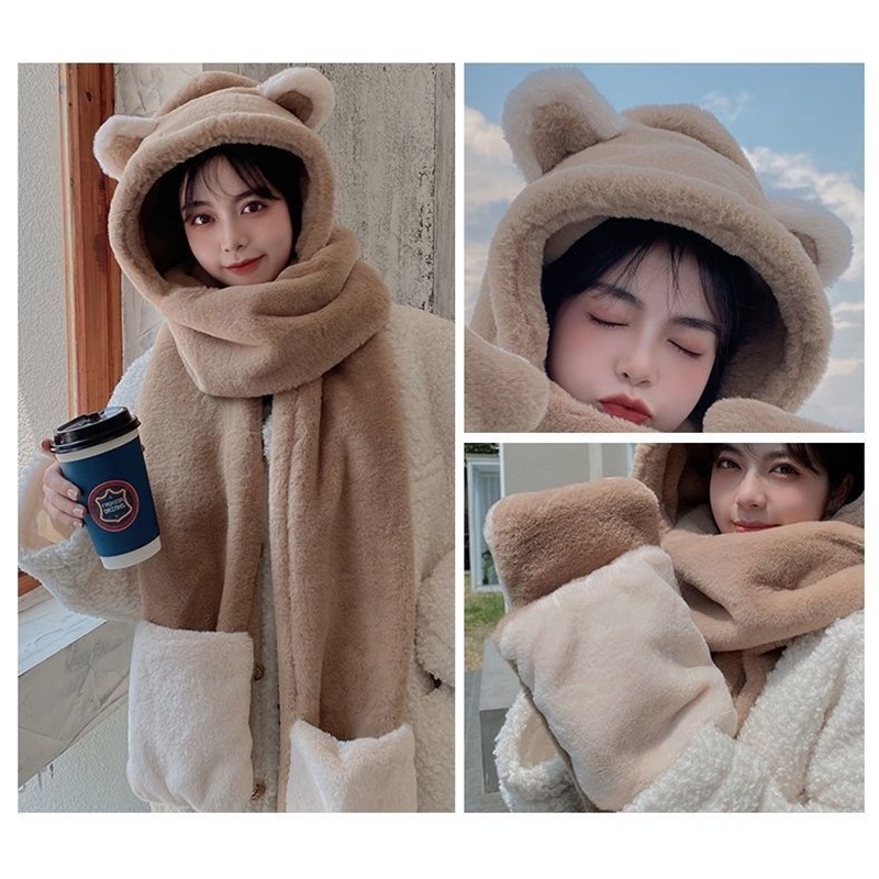 Khăn bông kèm mũ tai gấu hàng quảng, Thiết kế dễ thương và ấm áp, Găng tay khăn len 3 trong 1 chất lượng cao