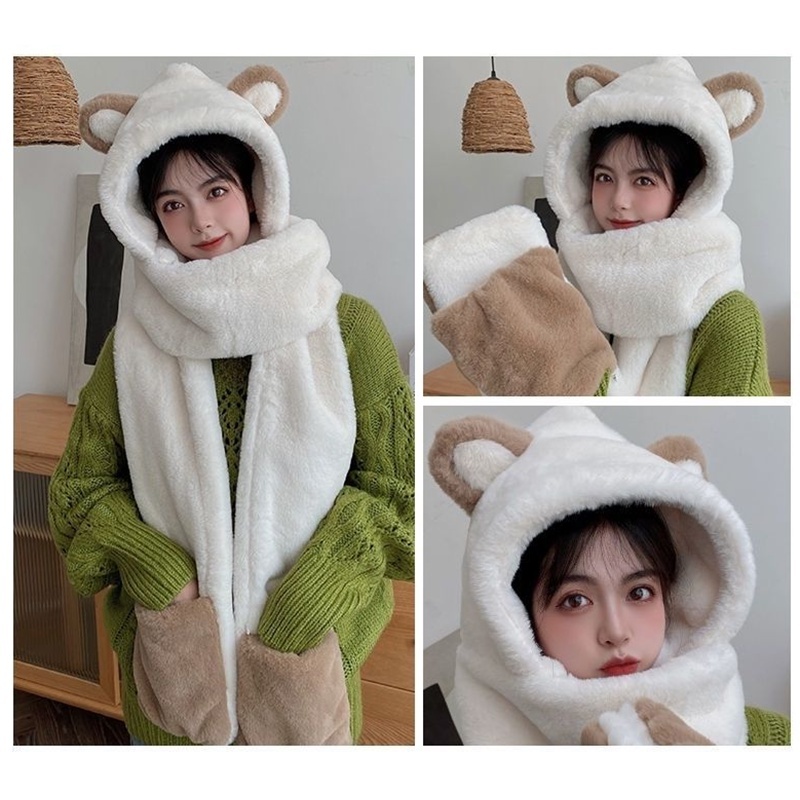Khăn bông kèm mũ tai gấu hàng quảng, Thiết kế dễ thương và ấm áp, Găng tay khăn len 3 trong 1 chất lượng cao