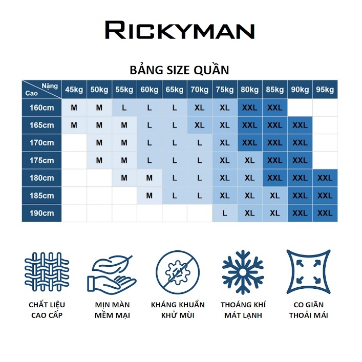 Combo 4 Quần lót boxer nam lụa băng cao cấp Rickyman Ice Sense Boxer, kháng khuẩn, khử mùi, thoải mái 24h