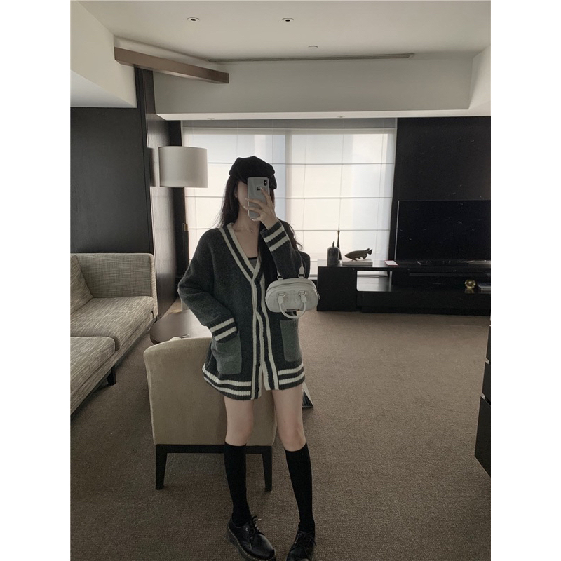 Áo Khoác cardigan Xám Viền Trắng Kiểu Dáng Đơn Giản Thời Trang Mùa Thu Theo Phong Cách Pháp Hot Ulzzang