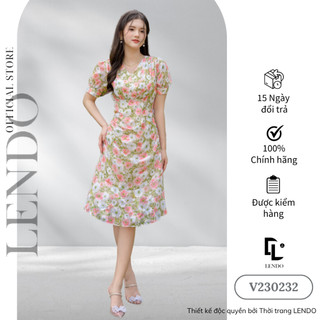 Đầm Váy Công Sở LENDO V230232 Tơ Hoa Nhí Dáng Chữ A Cổ V Tay Ngắn Nhún Eo