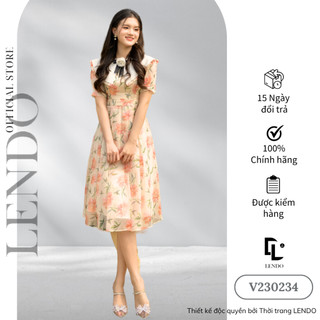 Đầm Hoa Cam Phối Cổ Trắng Cài Tag Hoa Trà LENDO V230234