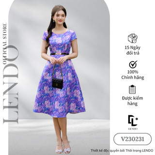Đầm Váy Công Sở LENDO V230231 Dáng Dài Xòe A Cổ Tròn Tay Ngắn Hoa Tím Tafta