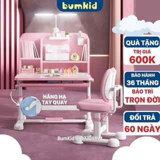Bộ bàn ghế chống gù chống cận cho bé BumKid M8, Bàn học thông minh thay đổi chiều cao có giá sách tặng kèm đèn led