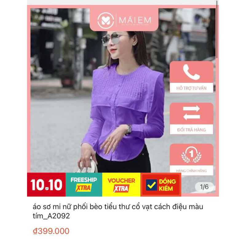 Áo sơmi cổ vạt phối bèo tím size M newtag