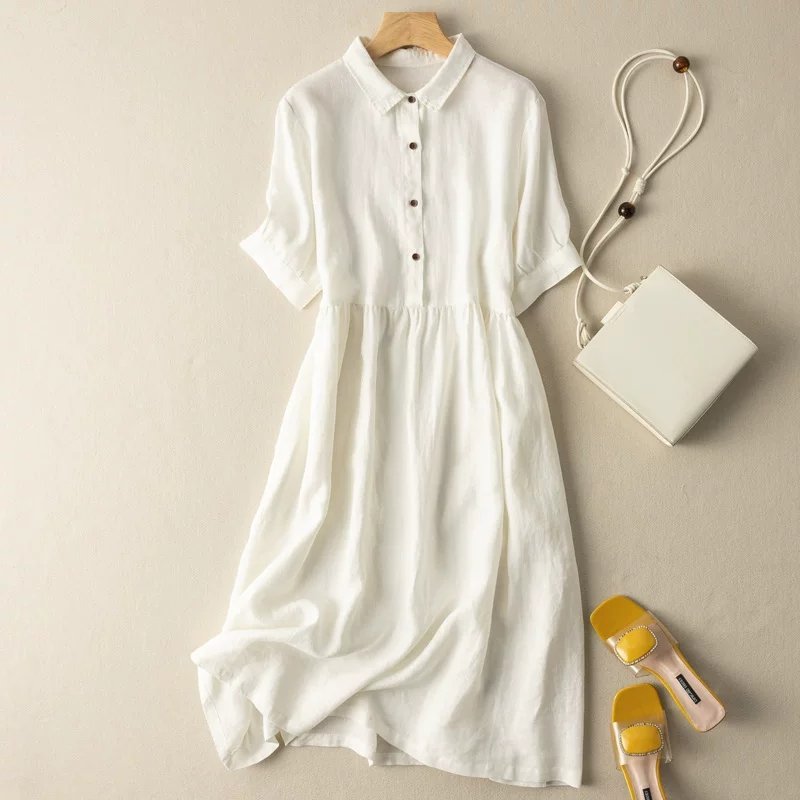 Đầm linen dáng suông dài, đầm linen màu trắng form rộng
