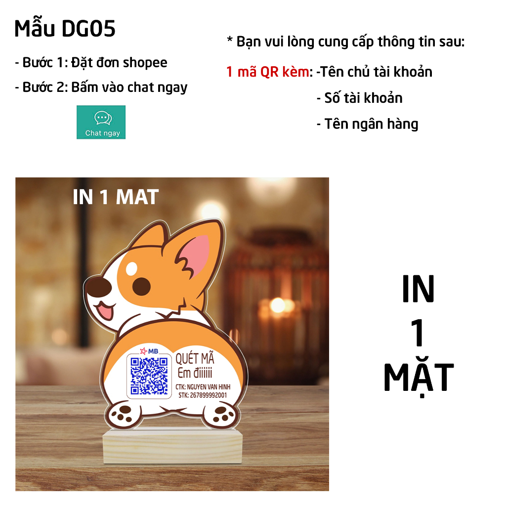 Bảng QR chó đáng yêu để bàn in thông tin số tài khoản in theo yêu cầu