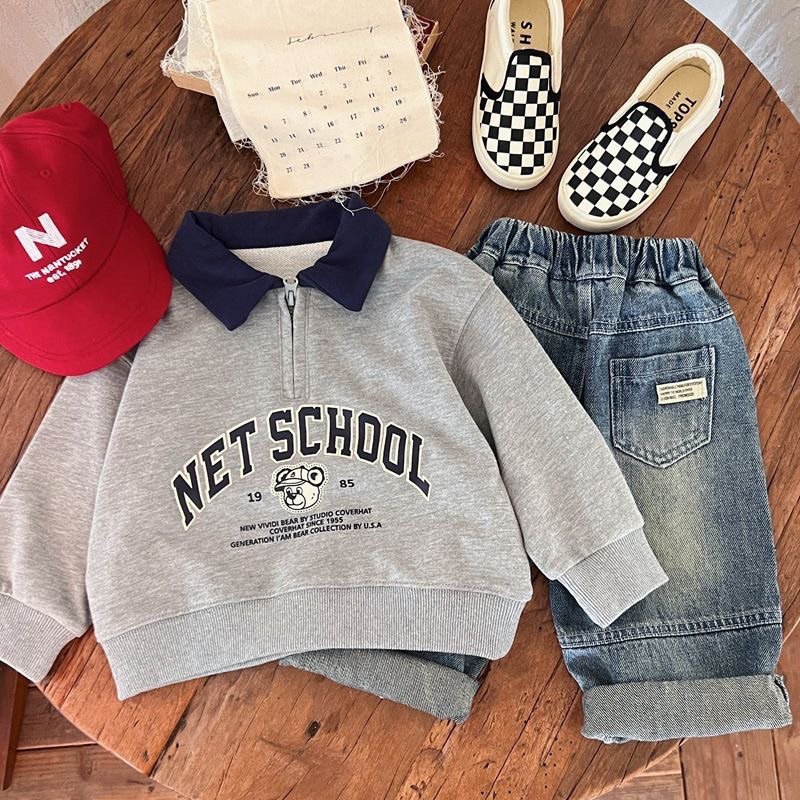 Áo polo cho bé tay dài xàm vải nỉ chân cua chữ thêu đơn giản cho bé trai bé gái