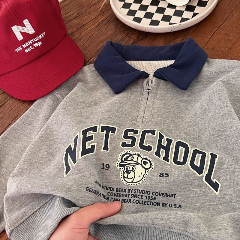 Áo polo cho bé tay dài xàm vải nỉ chân cua chữ thêu đơn giản cho bé trai bé gái