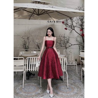 Đầm Váy Nữ Công Chúa, Chất Gấm Hoa Nổi Kiểu 2 Dây Kèm Đai Nịt Dáng Midi Xòe Siêu Xinh, Váy Nữ Mặc Đi Dự Tiệc Sang Chảnh