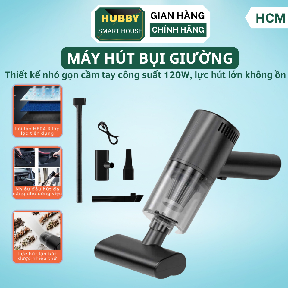 Máy hút bụi mini cầm tay sạc pin, máy hút bụi giường nệm, ô tô bàn làm việc đa năng, công suất 120w, bảo hành 12 tháng