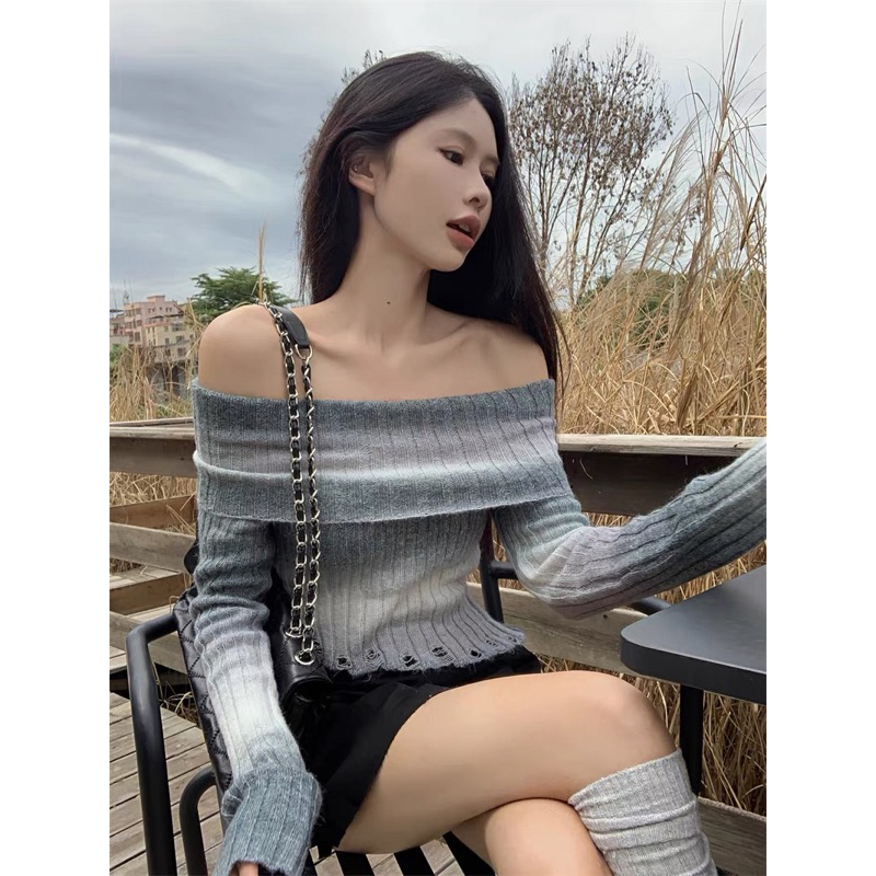 Áo Len Dệt Kim Trễ Vai Loang Cầu Vồng Hàng qc