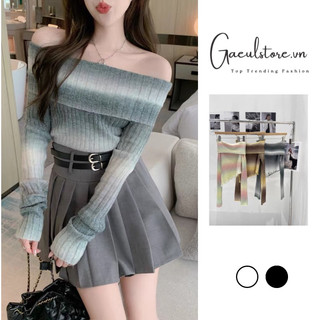 Áo len dệt kim trễ vai loang cầu vồng hàng qc