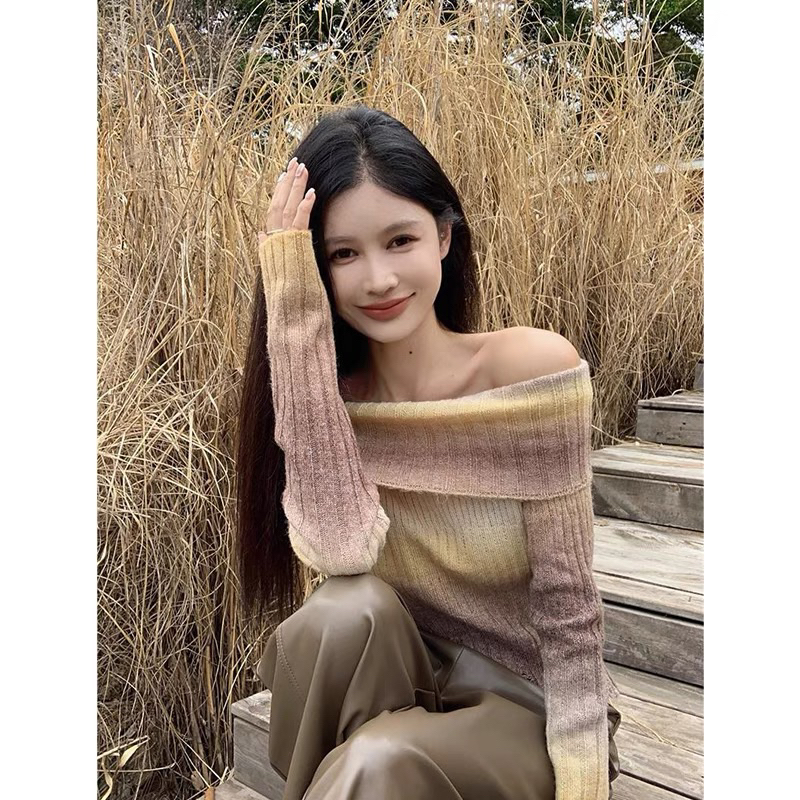 Áo Len Dệt Kim Trễ Vai Loang Cầu Vồng Hàng qc