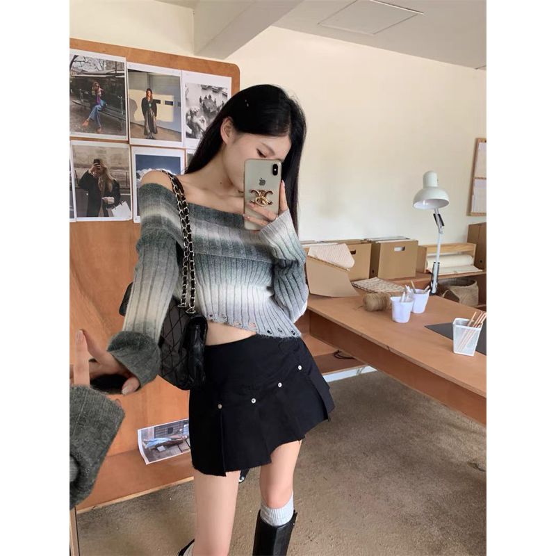 Áo Len Dệt Kim Trễ Vai Loang Cầu Vồng Hàng qc