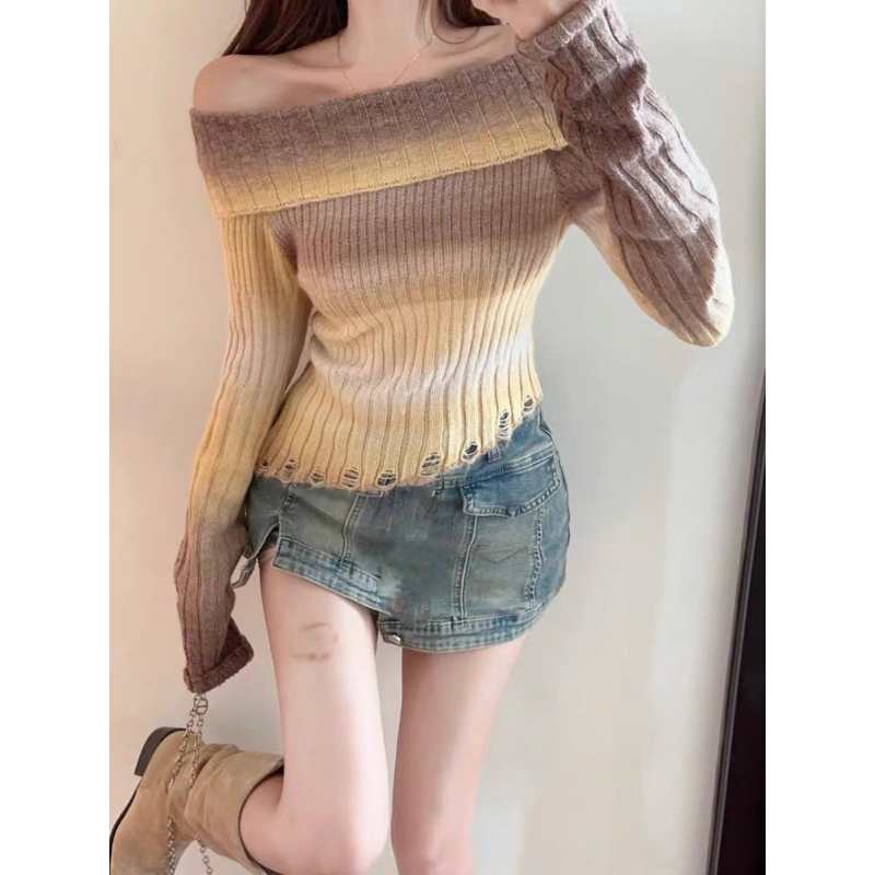 Áo Len Dệt Kim Trễ Vai Loang Cầu Vồng Hàng qc