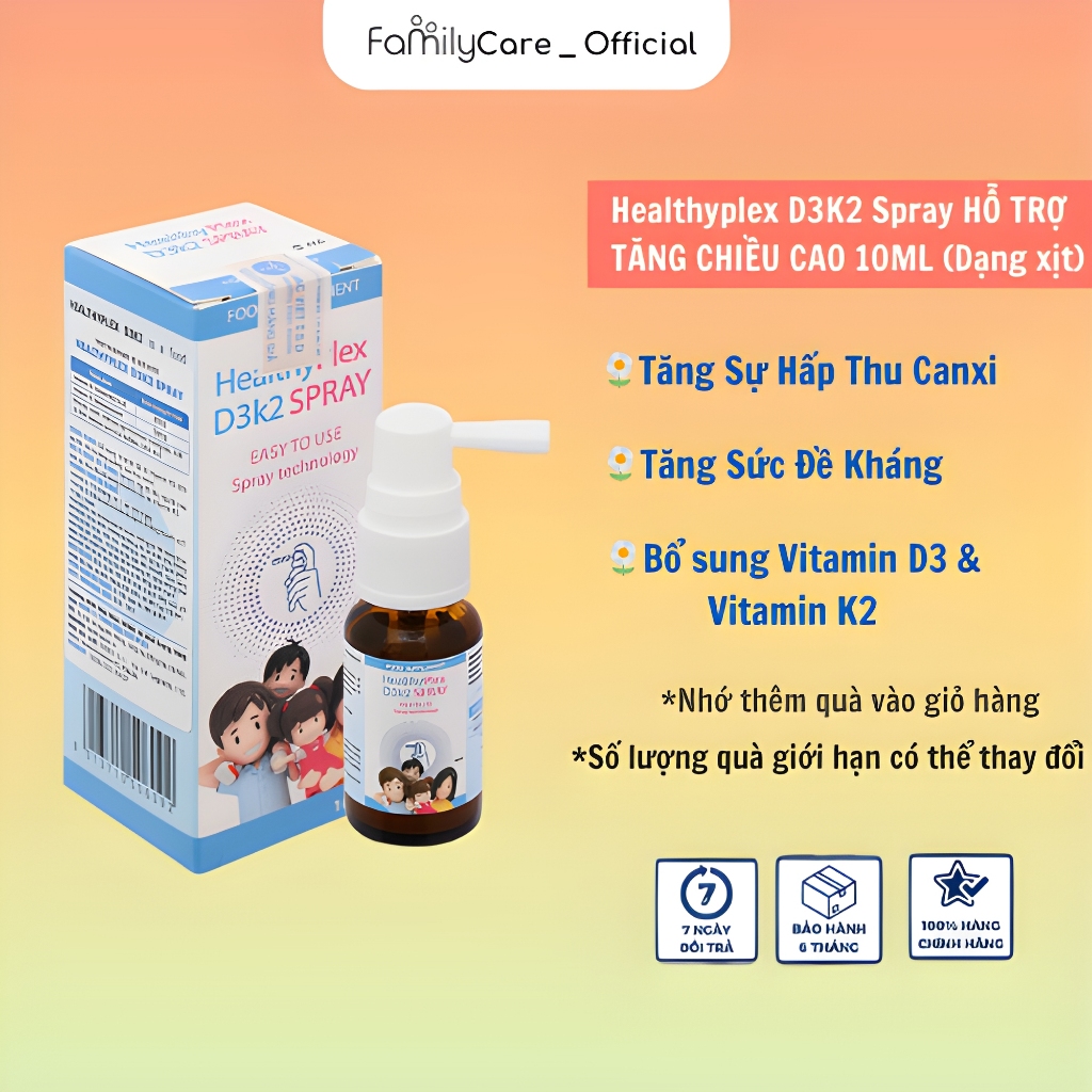Healthyplex D3K2 Spray - D3 K2 dạng xịt cho bé giúp tăng chiều cao, xương răng chắc khỏe