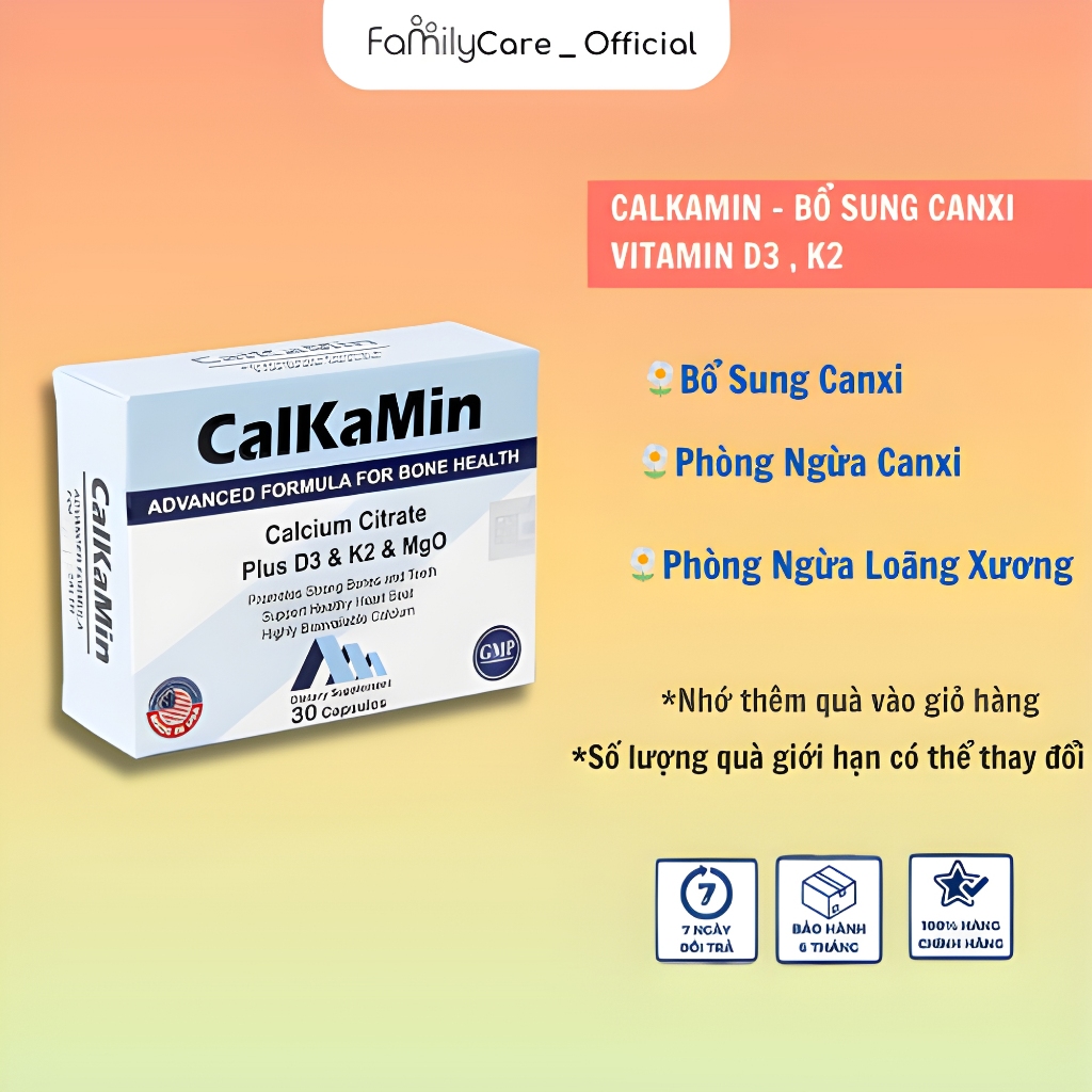 Calkamin - Bổ sung Canxi và Vitamin D3, K2 giúp răng, xương chắc khỏe hộp 30 viên