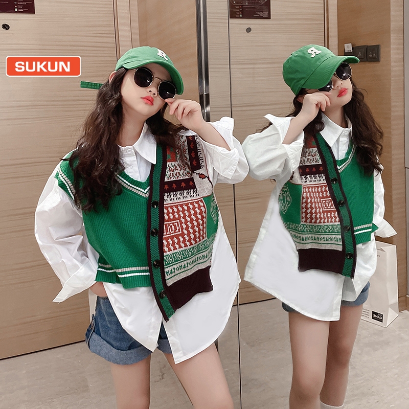 Áo sơ mi phối gile bé gái siêu đẹp hàng Quảng Châu shop Sukun Áo sơ mi gile cho bé gái Kunkids