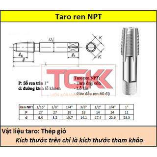 Taro ren ống (Ren côn) ren NPT (1/16", 1/8", 1/4", 3/8", 1/2")