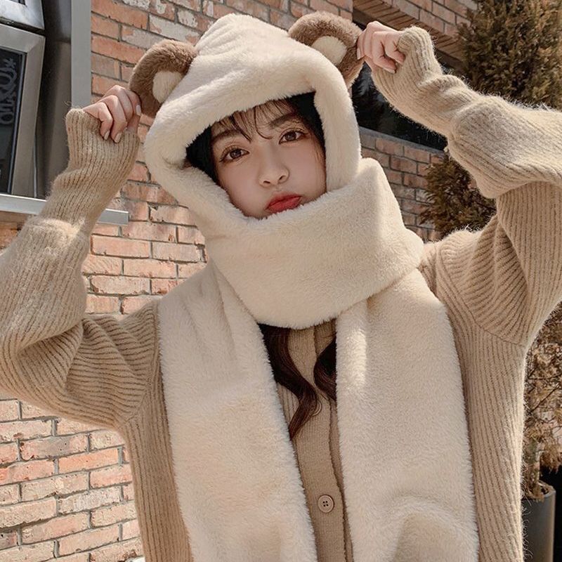 Khăn bông kèm mũ tai gấu hàng quảng, Thiết kế dễ thương và ấm áp, Găng tay khăn len 3 trong 1 chất lượng cao