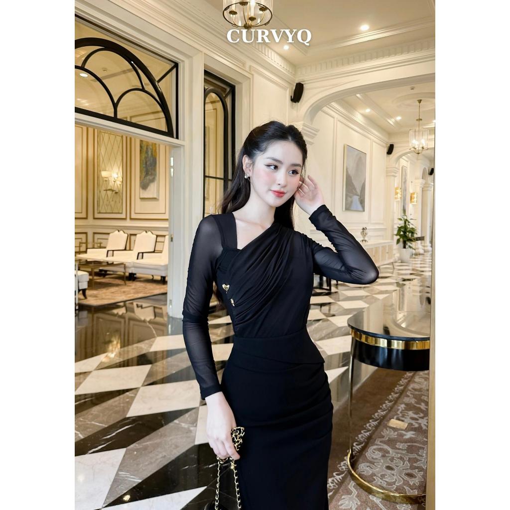 Áo Xếp Chéo Pha Lưới 2 Tim Vàng Bên Sườn Dài Tay Thời Trang Thiết Kế Nữ CurvyQ