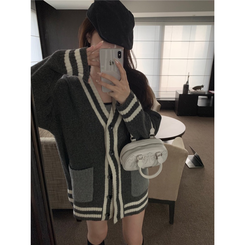Áo Khoác cardigan Xám Viền Trắng Kiểu Dáng Đơn Giản Thời Trang Mùa Thu Theo Phong Cách Pháp Hot Ulzzang