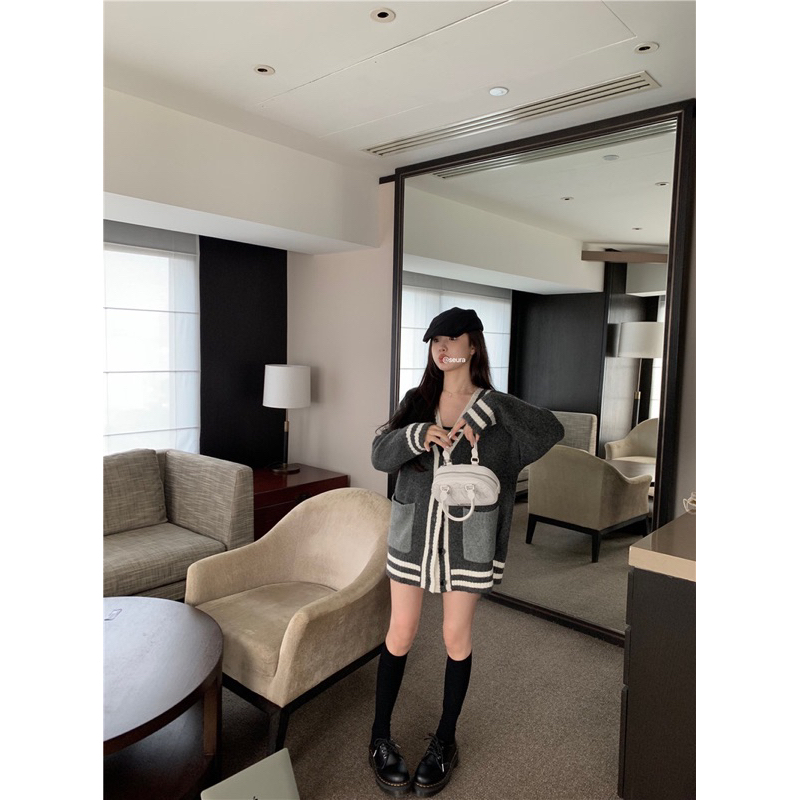 Áo Khoác cardigan Xám Viền Trắng Kiểu Dáng Đơn Giản Thời Trang Mùa Thu Theo Phong Cách Pháp Hot Ulzzang