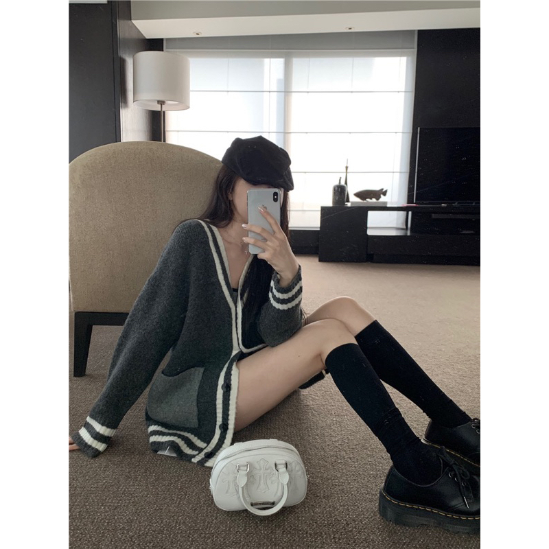 Áo Khoác cardigan Xám Viền Trắng Kiểu Dáng Đơn Giản Thời Trang Mùa Thu Theo Phong Cách Pháp Hot Ulzzang