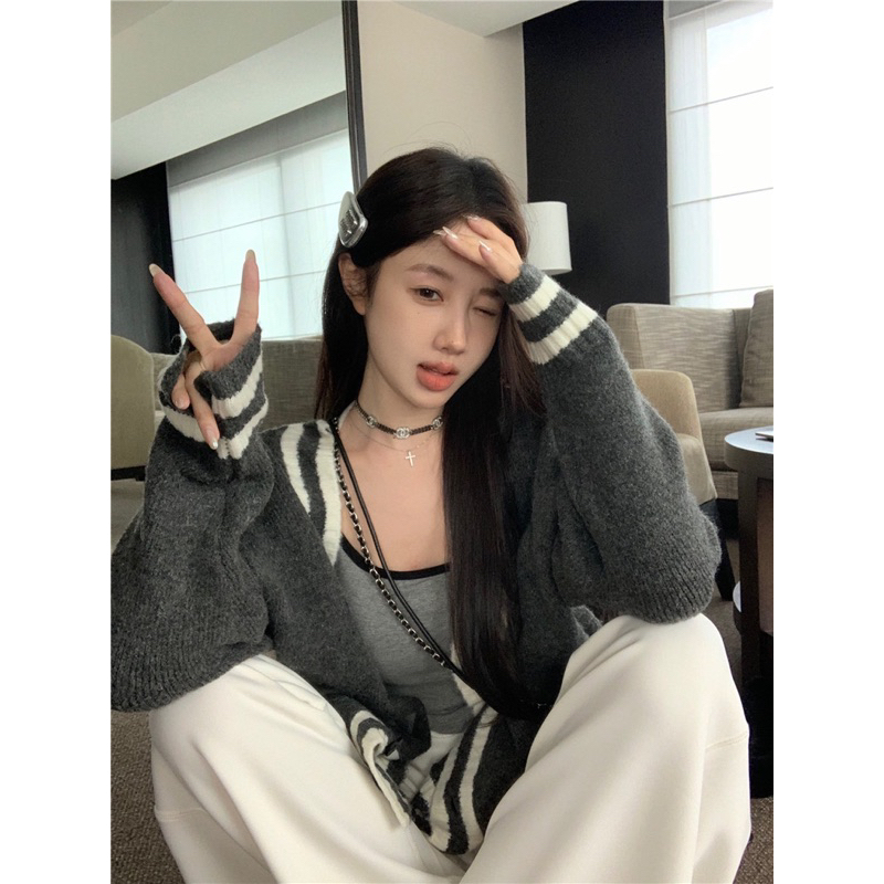 Áo Khoác cardigan Xám Viền Trắng Kiểu Dáng Đơn Giản Thời Trang Mùa Thu Theo Phong Cách Pháp Hot Ulzzang