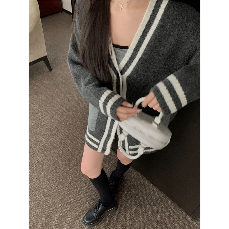 Áo Khoác cardigan Xám Viền Trắng Kiểu Dáng Đơn Giản Thời Trang Mùa Thu Theo Phong Cách Pháp Hot Ulzzang