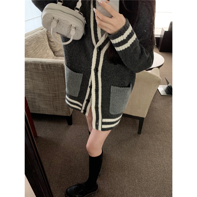 Áo Khoác cardigan Xám Viền Trắng Kiểu Dáng Đơn Giản Thời Trang Mùa Thu Theo Phong Cách Pháp Hot Ulzzang