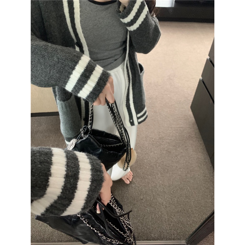 Áo Khoác cardigan Xám Viền Trắng Kiểu Dáng Đơn Giản Thời Trang Mùa Thu Theo Phong Cách Pháp Hot Ulzzang