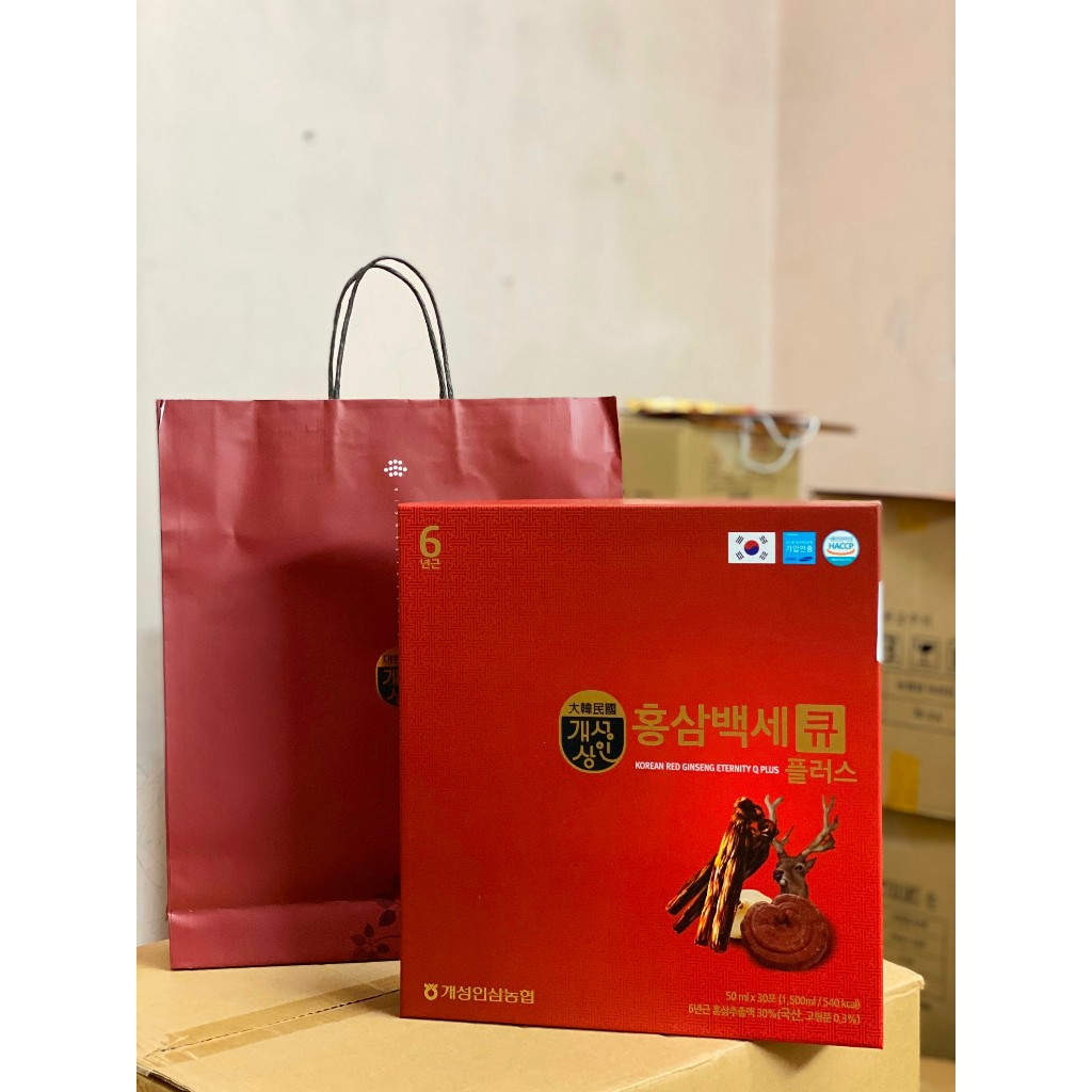 Nước Uống Hồng Sâm Nhung Hươu Linh Chi Hàn Quốc Q Plus hộp 30 gói x 50 ml - Tặng túi xách